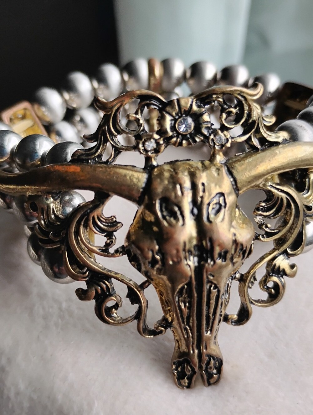 Ornate Bull Skull Stretch Bracelet in Gold and Silver